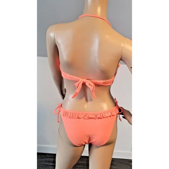 Woman Medium Orange Ruffle Bikini Set Top/ Low Rise Bottom Removable Straps - Picture 6 of 12